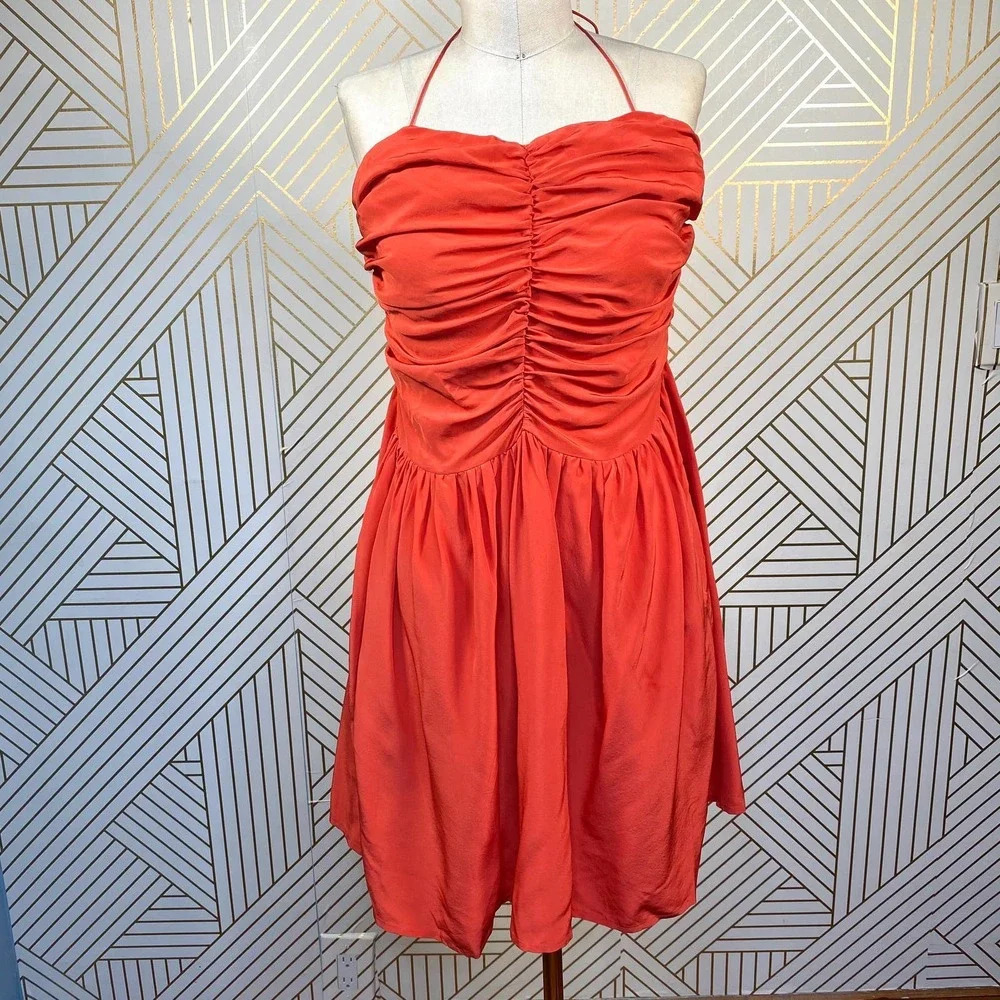 Tucker Red Silk Ruched Smocked Halter Dress‎